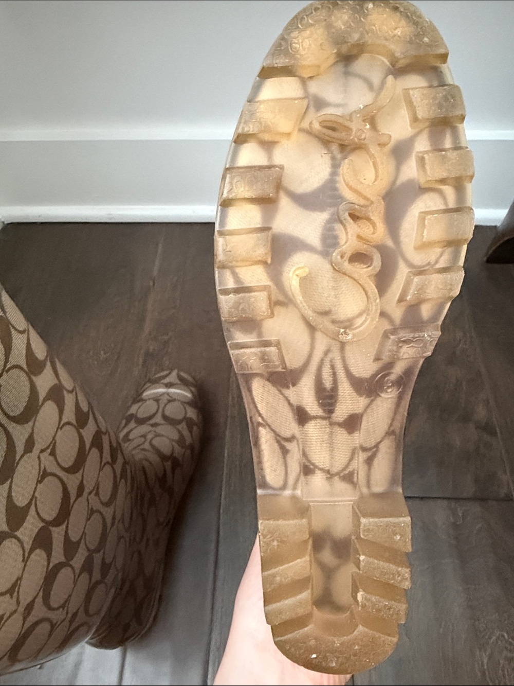 Coach Brown Signature Pattern Rain Boots - Women's Tall Waterproof - Picture 2 of 8